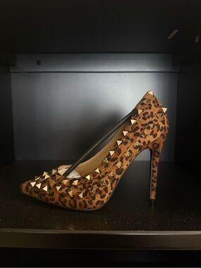 Leopard Print Pointed Stiletto with Gold Pyramid Studs